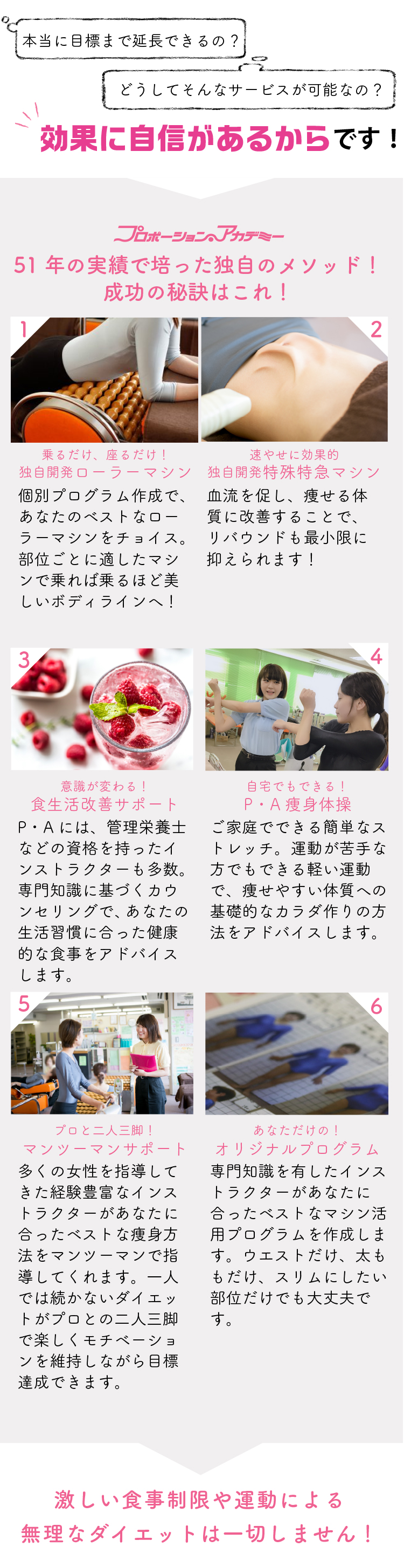 効果に自信あり！激しい食事制限や運動による無理なダイエットは一切しません